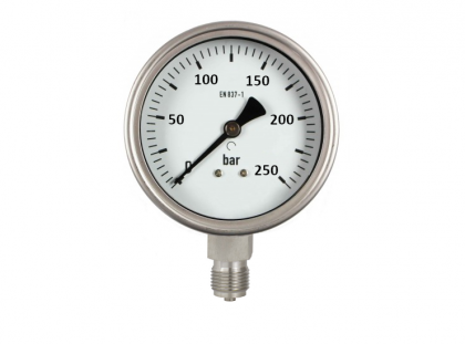 Manometr Ø63mm, 0-250 bar, glycerin, spodní př.