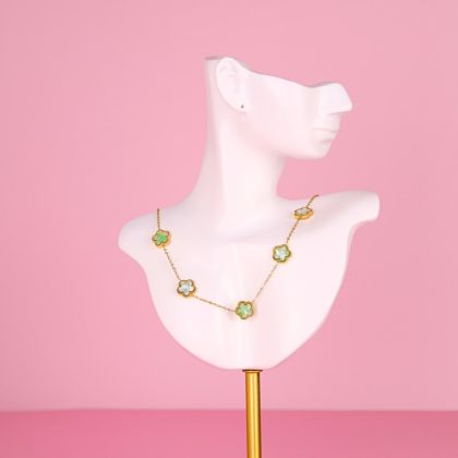 Náhrdelník s květy v zelené barvě Stainless Steel - zlatý